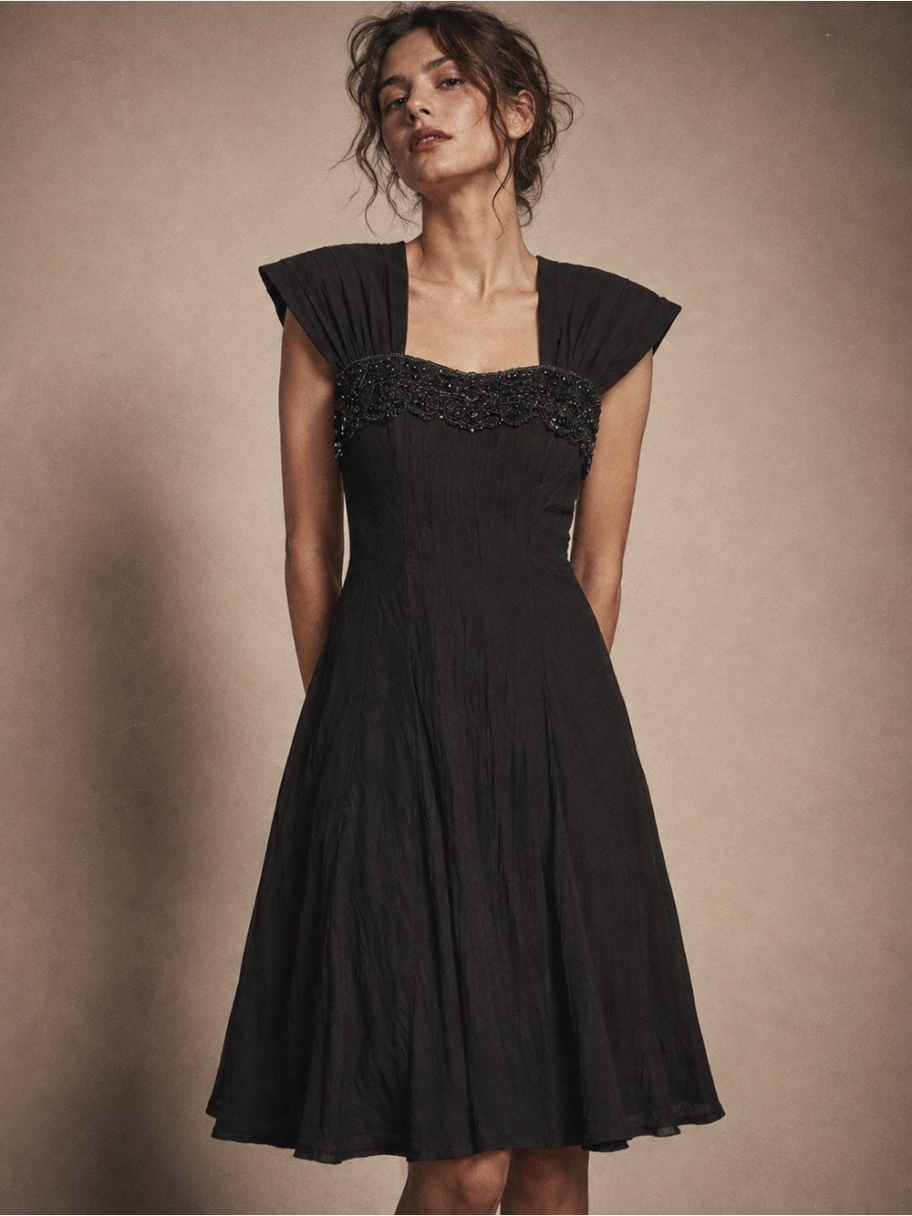 Vintage 90s Carole Little Black Beaded Lace Midi Dress Romantic Goth Size 2